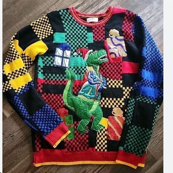 Holiday Time T-Rex Dinosaur Checkered Sequin Present Christmas Sweater S - Picture 10 of 10